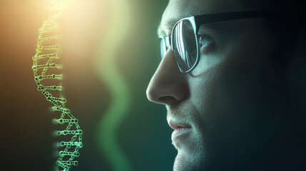 A man wearing glasses is looking at a DNA strand