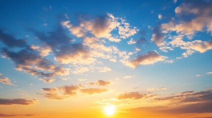 Vibrant sunset clouds illuminating the sky in rich hues of orange and blue creating a serene atmosphere : Generative AI