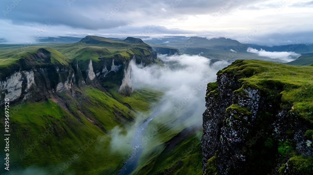 Aufkleber majestic misty mountainscape with river and clouds captured at dawn : generative ai