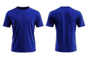 Blue blank t shirt front and back mockup for design presentation,blank t shirt template from two sides isolated on transparent and white background