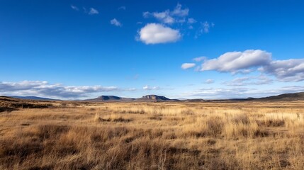 Vast Empty Grassland Under A Bright Blue Sky With Fluffy Clouds Ideal For Outdoor Adventures : Generative AI