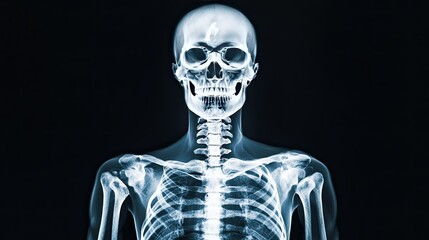 Glowing X-ray of a full human skeleton on a black background.