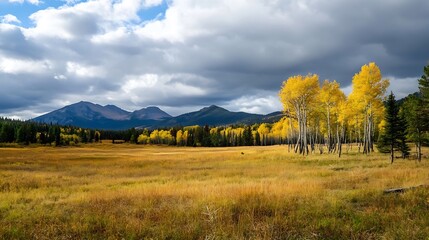 Fototapeta premium Scenic autumn landscape featuring vibrant yellow trees against a backdrop of mountains and a cloudy sky : Generative AI