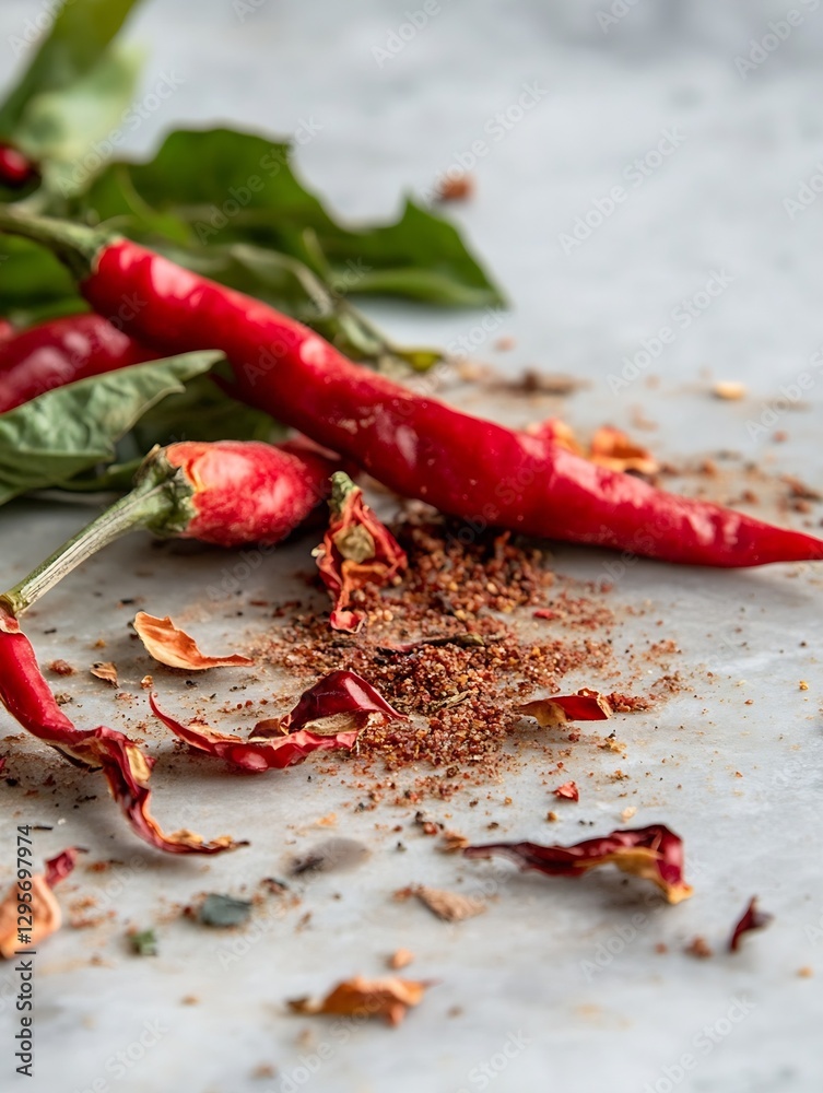 Aufkleber fresh red chili peppers scattered with dried spice on stone surface capturing the essence of culinar