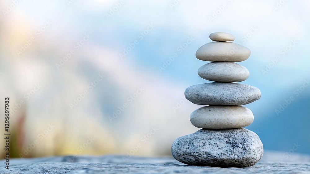 Poster zen stone pile set on smooth surface symbolizing tranquility and balance in calming environment prom