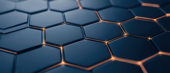 A close-up view of a hexagonal patterned surface with a sleek, dark finish and subtle glowing edges, showcasing a modern, geometric design.