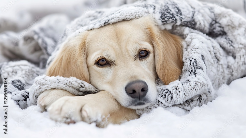 Aufkleber golden retriever dog snuggled in a soft blanket in snowy setting : generative ai