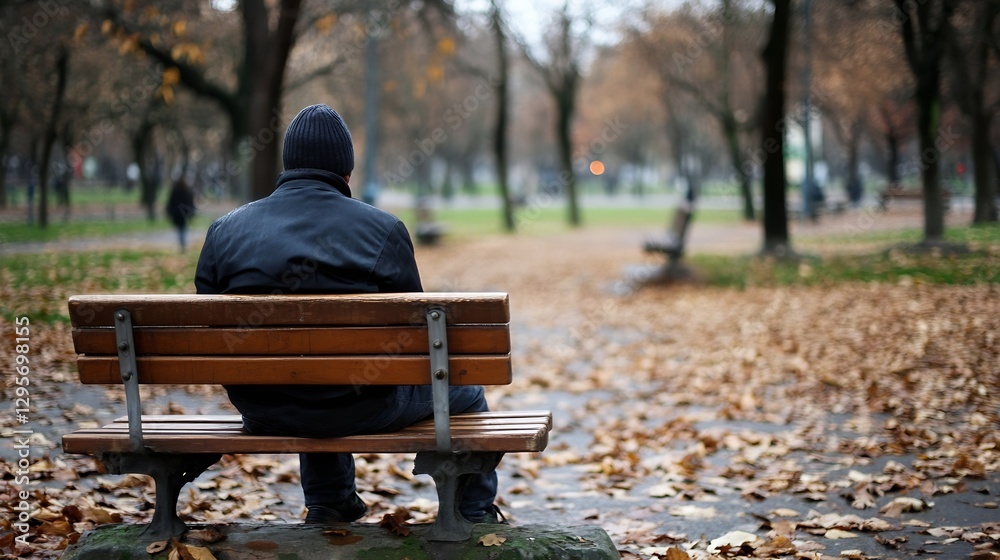 Poster man sitting alone on a bench in a park filled with golden autumn leaves on a cloudy day : generative
