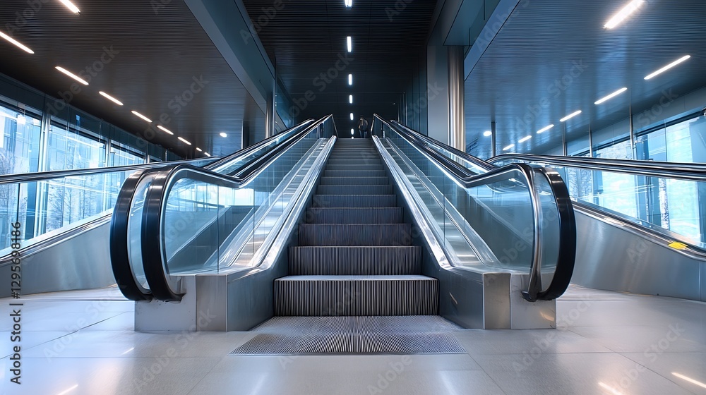 Poster Dynamic perspective of an escalator leading up in a modern urban environment with bright lighting and glass architecture : Generative AI