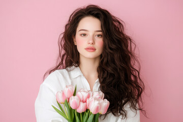 Fototapeta premium A woman with long brown hair is holding a bouquet of pink flowers