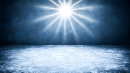 Bright light beams radiate from a central point over a textured icy surface in a dark atmosphere