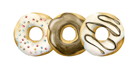 Cute donuts. White and chocolate glazed doughnuts with colorful pastry sprinkles . Watercolor sweet food illustration