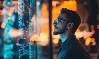 A man with glasses is looking at a computer screen with a lot of code on it