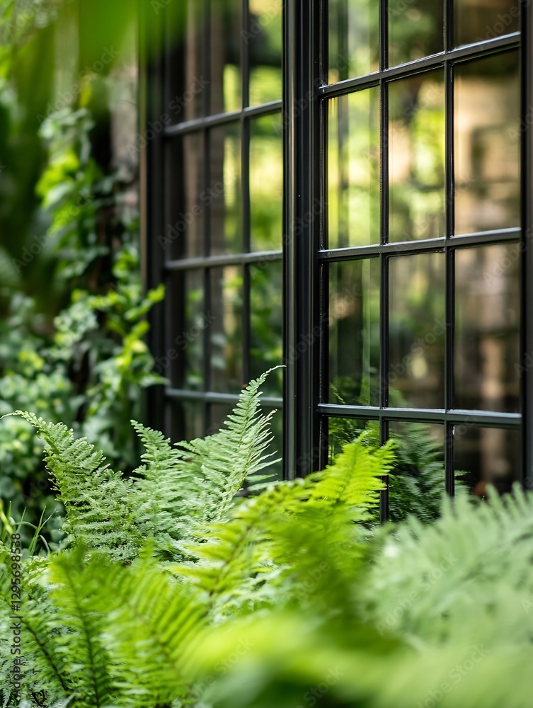 Fototapete Lush greenery and beautiful reflection of windows creating a serene atmosphere in a tranquil space : Generative AI
