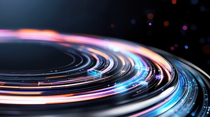 Obraz premium A vibrant, abstract image showcasing dynamic circular patterns with colorful light trails against a dark background.