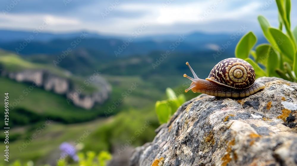 Poster closeup of a snail on a rock with a blurred green landscape in the background : generative ai
