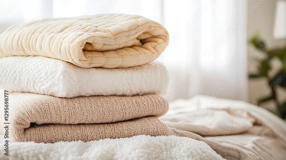 Poster Warm soft stacked blankets creating a cozy and inviting atmosphere for relaxation : Generative AI