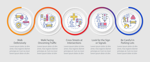 Pedestrian safety infographics circles sequence. Safe environment for traffic participants. Visualization layout with 5 steps. Info chart loop process presentation. Myriad Pro-Regular font used