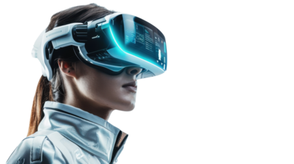 Scientist wearing virtual reality headset exploring metaverse on transparent background