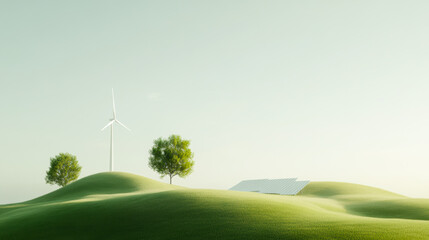 Fototapeta premium A wind farm is located on a hillside with a large field of grass