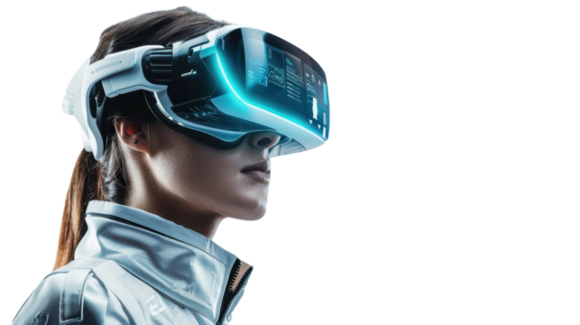 Scientist wearing virtual reality headset exploring metaverse on transparent background - Powered by Adobe