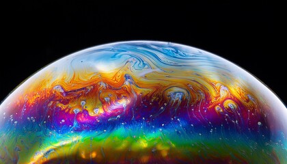The reflective, oily surface of a soap bubble, creating a mesmerizing spectrum of rainbow colors and vibrant, iridescent patterns as light refracts through the bubble.
