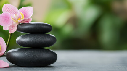 Fototapeta premium Three black stones are arranged on a table with a pink flower in the foreground