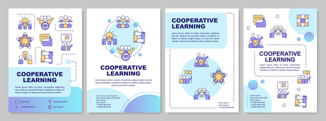 Cooperative learning strategies blue gradient brochure template. Leadership, grouping. Leaflet design with linear icons. Editable 4 vector layouts. Arial-Bold, Myriad Pro-Regular fonts used