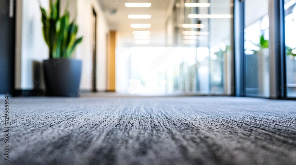 Poster spacious office corridor with plush carpeting and vibrant indoor plants creating a welcoming atmosph