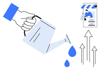 Hand holding watering can, nurturing growth with water drops and upward arrows. Smartphone shows online shop scene. Ideal for business growth, nurturing ideas, online learning, e-commerce
