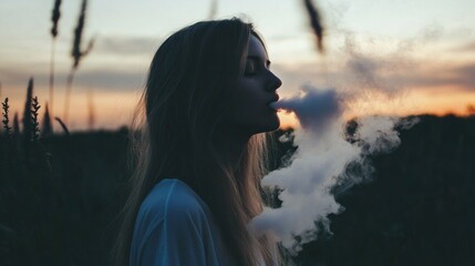 A young woman enjoys the moment as wisps of smoke curl from her lips, silhouetted against a vibrant sunset. Tall grasses sway gently in the evening breeze, adding to the peaceful ambiance
