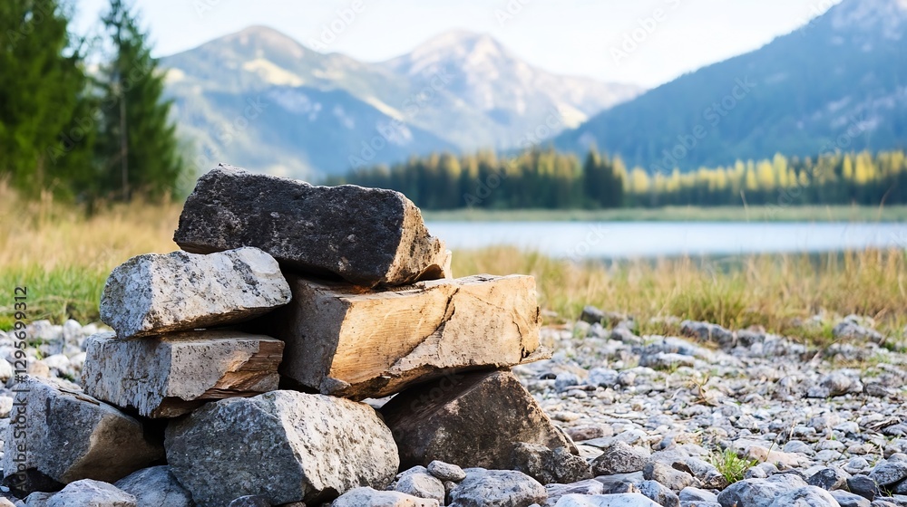 Poster stack of rocks by the calm mountain lake in beautiful nature : generative ai