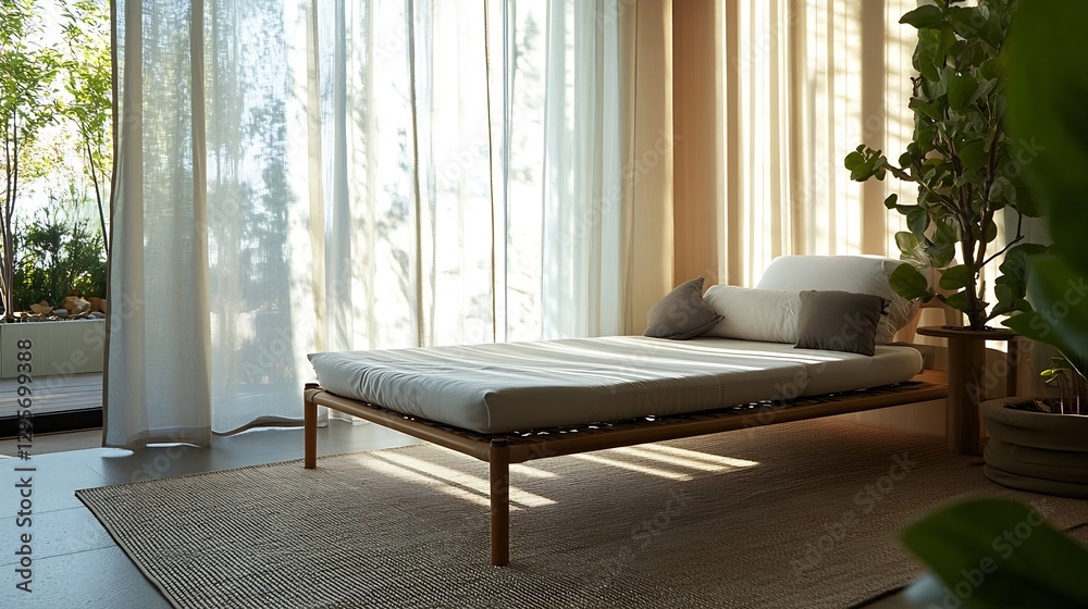 Poster Minimalist bedroom with natural light and greenery creating a serene and tranquil atmosphere : Generative AI