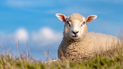 Fototapeta premium Cute Sheep Resting on Grass with Blue Sky and Fluffy Clouds in Background : Generative AI