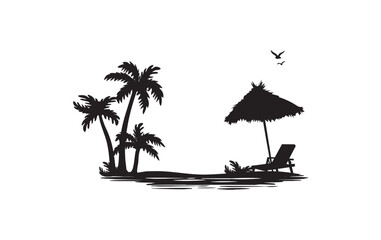 straw umbrellas and beach lounger with palm trees at the window vector silhouette