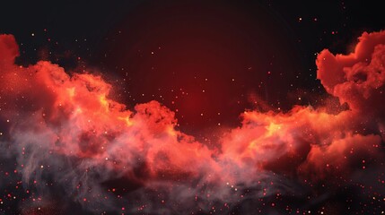 Dramatic red smoke cloud effect vector background with realistic fire fog sparks, glowing inferno particles, and magic steam wave