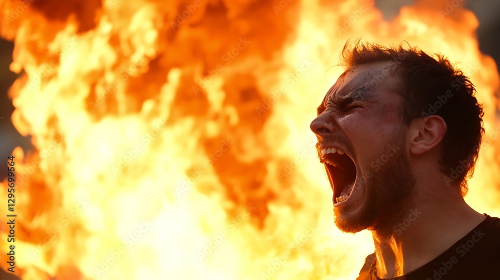 Fototapete Dynamic portrayal of a man screaming amidst intense flames creating a dramatic visual impact : Generative AI