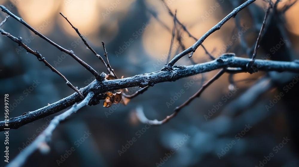 Poster Frosty Branches with Dried Leaves Against a Colorful Winter Background : Generative AI