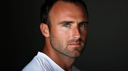 Obraz premium Intense Portrait of a Male Athlete with Sharp Features and Focused Expression in Studio Lighting