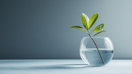 Elegant Green Leaf in a Clear Glass Bowl with Water and Subtle Background for Serenity and Nature Concepts