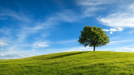 Fototapeta premium Isolated Green Tree on a Hill Under a Bright Blue Sky with Clouds : Generative AI