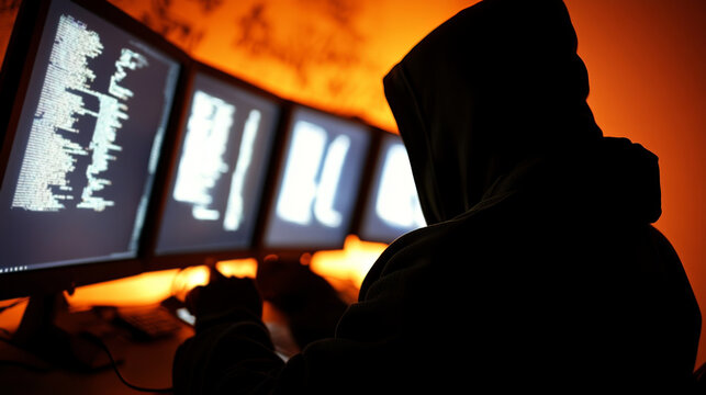 Hooded Figure Interacting with Multiple Monitors in Dark Room Illuminated by Orange Light