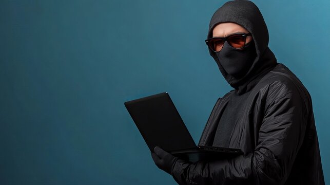 Mysterious Figure in Black Attire Hacking on Laptop Against Solid Blue Background