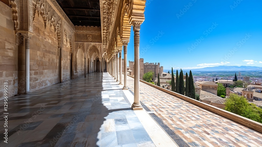 Poster gorgeous view of historical architecture with beautiful columns and scenic landscape : generative ai