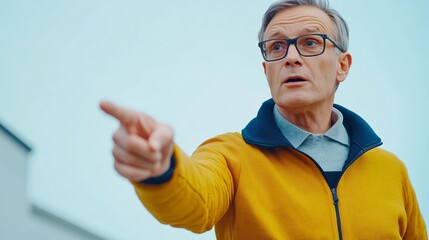 Naklejka premium Elderly Man Gesturing Outdoors in Urban Setting, Wearing Glasses and Stylish Yellow Jacket, Thinking and Communicating