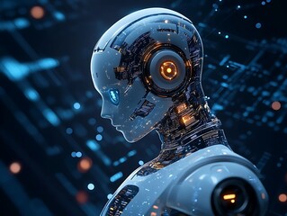 Robot head, circuit background, AI