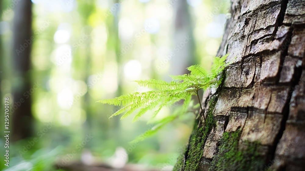 Poster green fern growing on textured tree bark in a lush forest environment during daylight : generative a