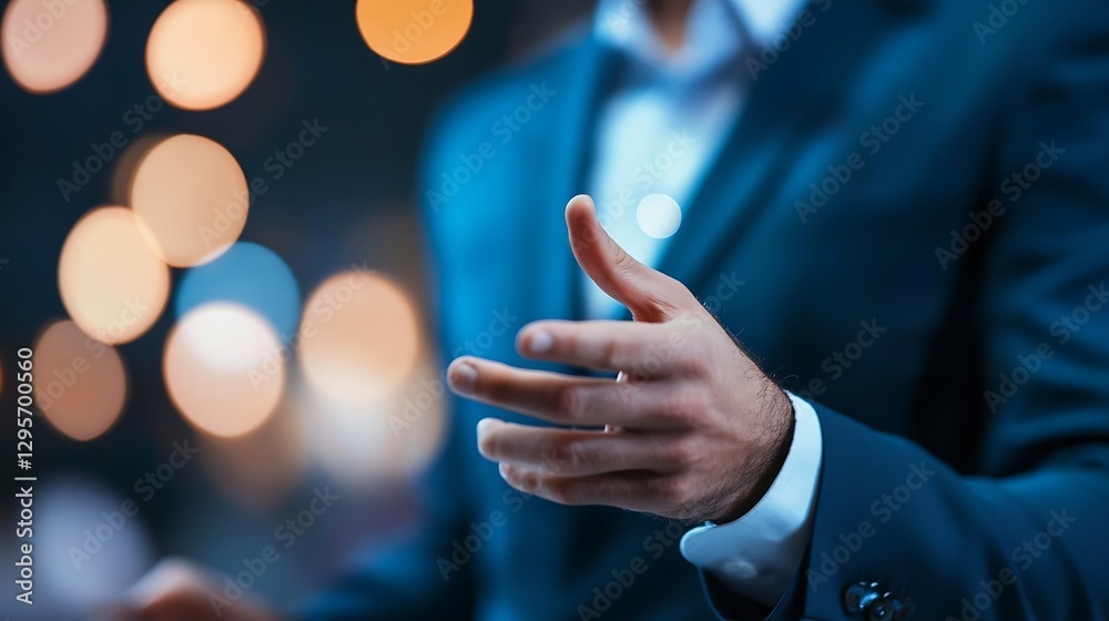Poster Businessman gesturing while delivering a presentation surrounded by a blurred bokeh background creating an engaging atmosphere : Generative AI