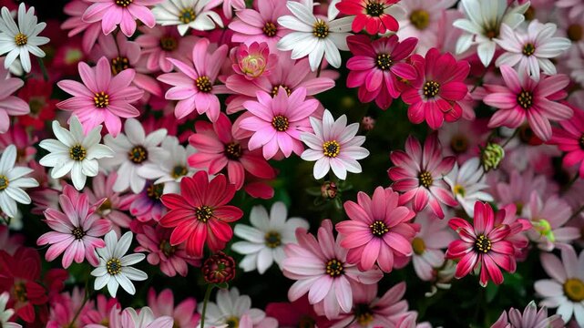 A lush garden filled with a variety of pink and white flowers swaying gently in the spring breeze, inviting warmth and beauty