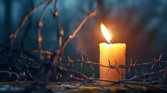 burning candle next to the barbed wire as a symbol of remembering holocaust	